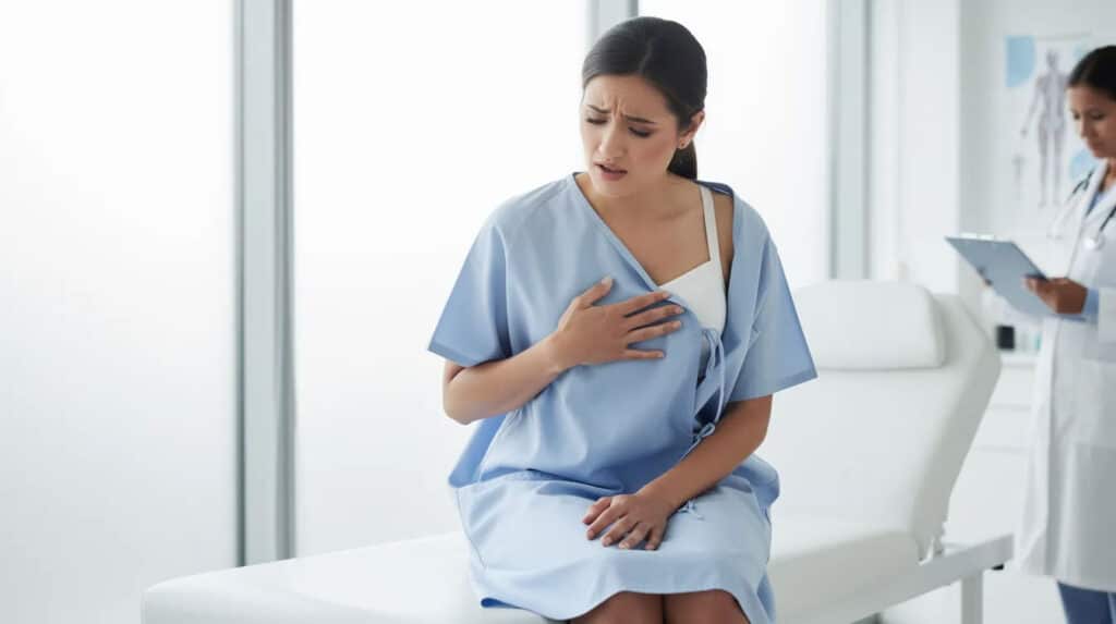 Woman touching her chest in pain