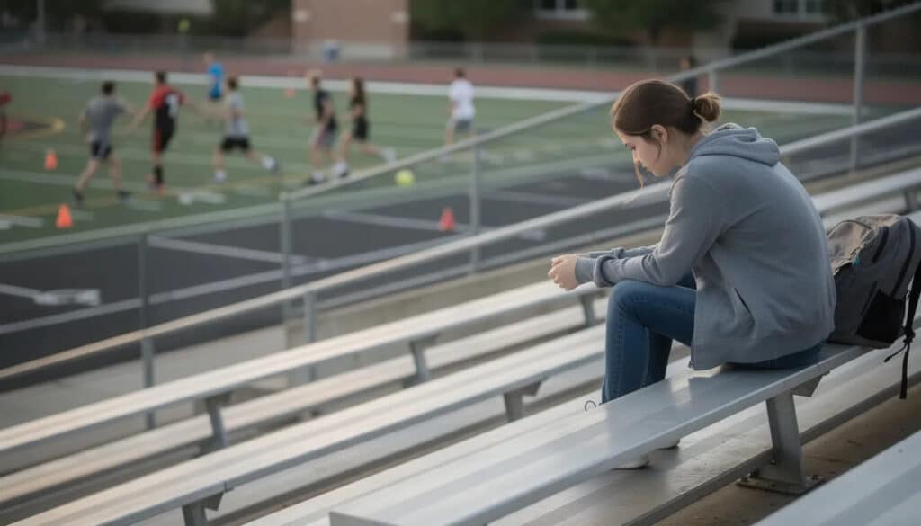 girl sitting in a bench at school field