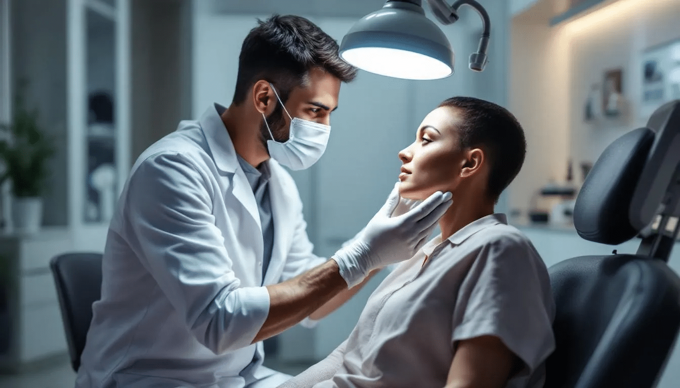 A professional plastic surgeon is conducting a facial examination in a modern medical office, assessing the facial skin for signs of aging, such as sagging and deep wrinkles. This evaluation is part of a treatment plan that may include options like a deep plane facelift to rejuvenate the patient's appearance and address issues like loose skin and nasolabial folds.