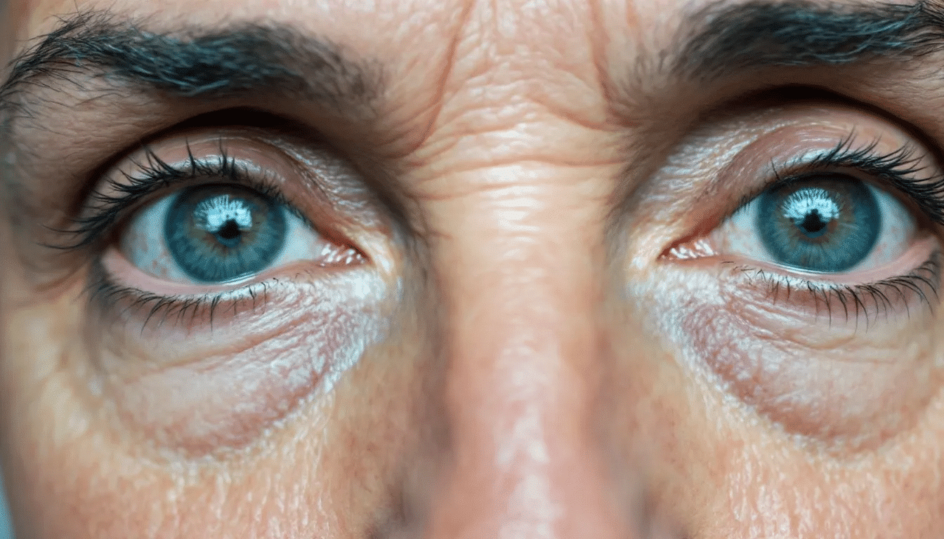 A close-up view of eyes reveals various aging concerns around the eyelid area, including drooping upper eyelids, excess skin, and dark circles. This image highlights the signs of aging that can be addressed through cosmetic eyelid surgery, such as blepharoplasty, which aims to rejuvenate the upper and lower eyelids.