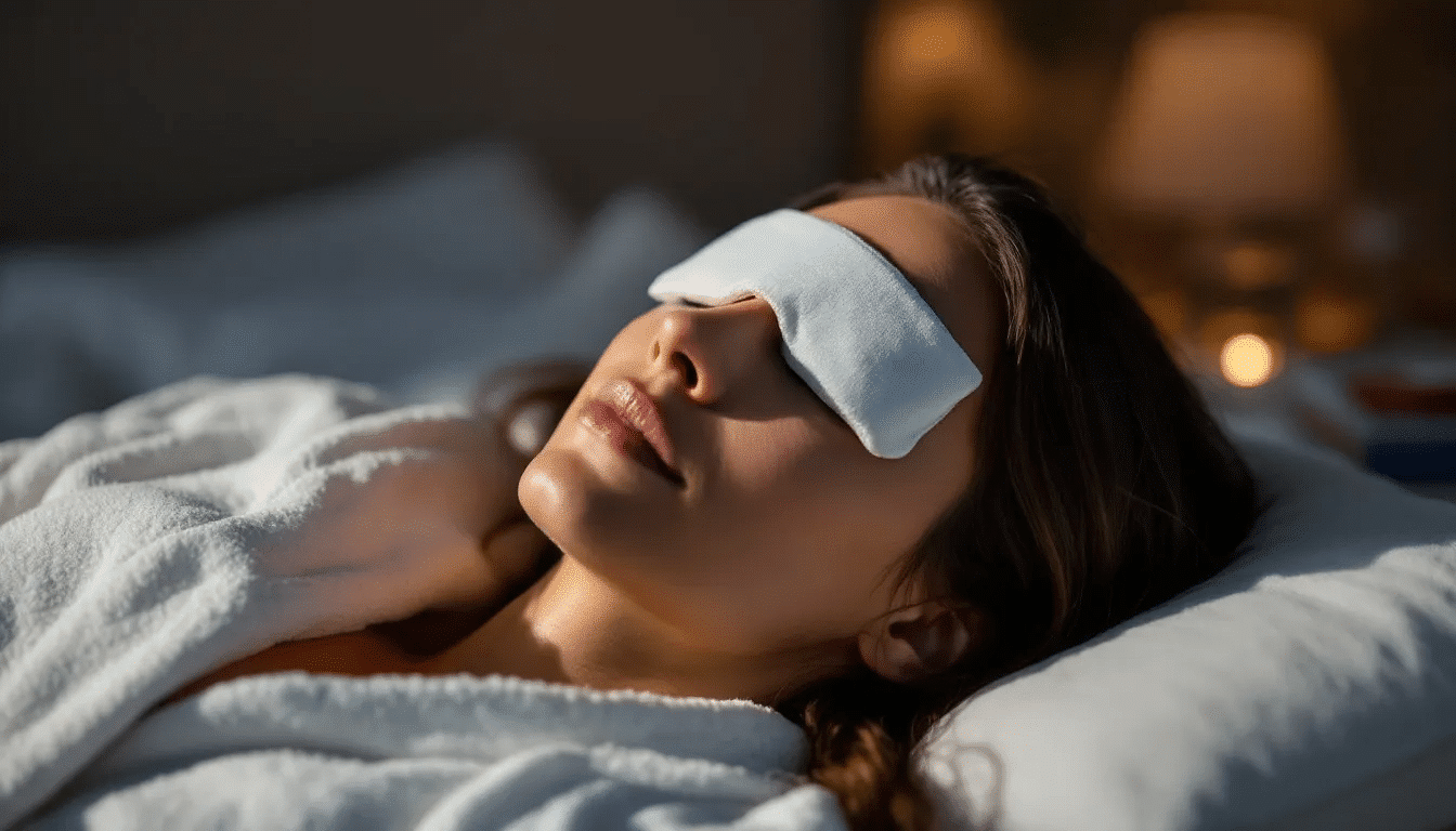 A person is gently applying a cold compress to their eyes, which helps reduce swelling and bruising during the recovery period after eyelid surgery. This soothing technique is often recommended for patients undergoing blepharoplasty to alleviate discomfort and promote healing.