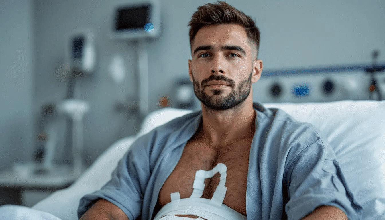 The image depicts a man in a recovery setting after undergoing male breast reduction surgery, showcasing a compression garment covering his chest to aid in healing from the procedure. 
