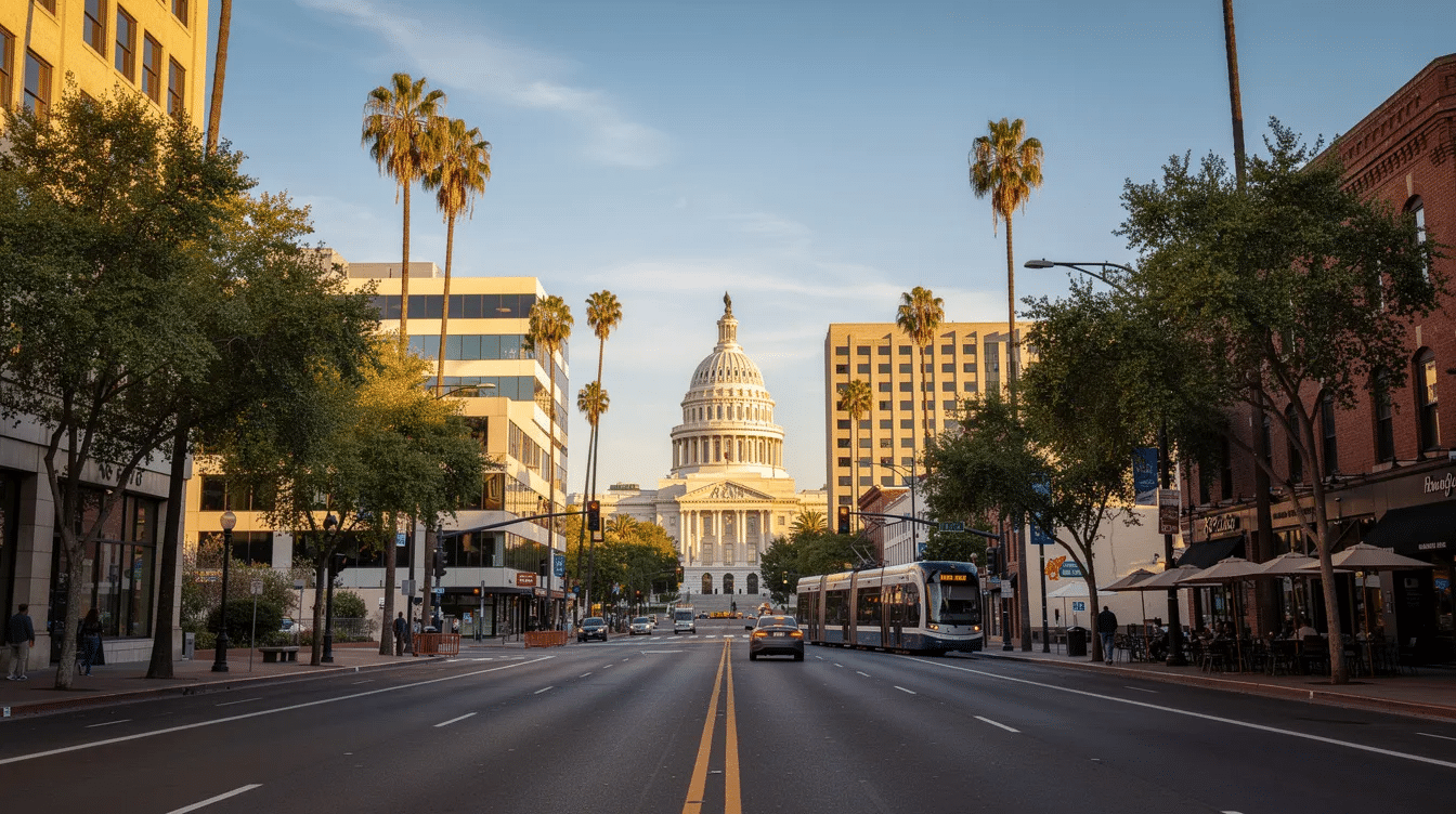 The image captures a scenic view of Sacramento, California, showcasing the city's skyline and vibrant atmosphere. This photo reflects the essence of a location where individuals may seek cosmetic procedures, such as facelift surgery, to address signs of aging and enhance their youthful appearance.