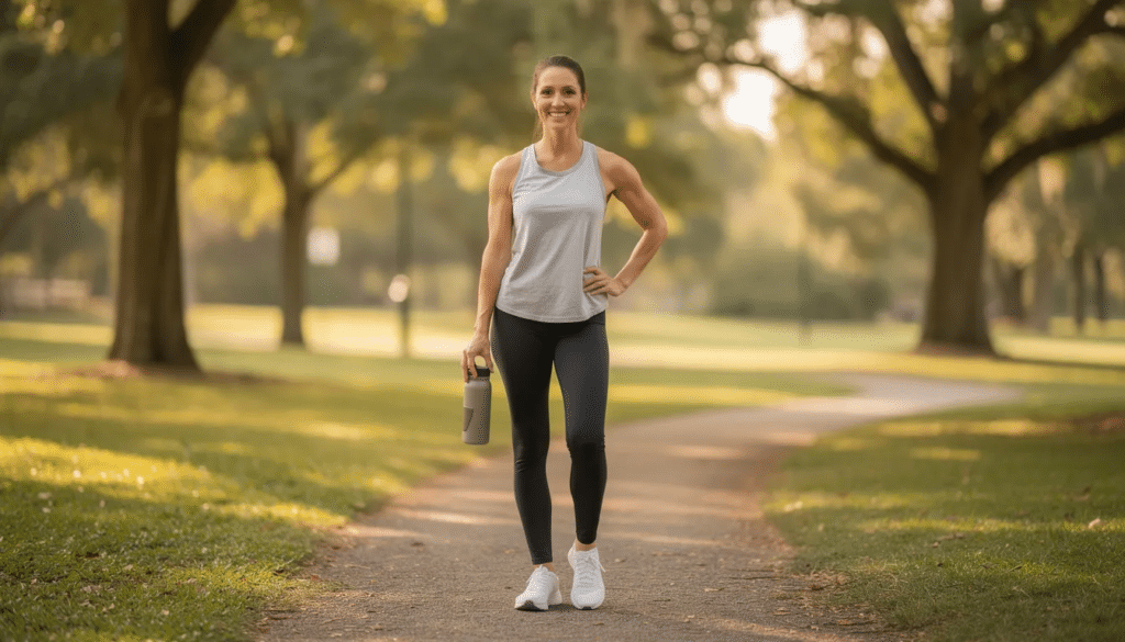 A jogger at the park holding a water bottle