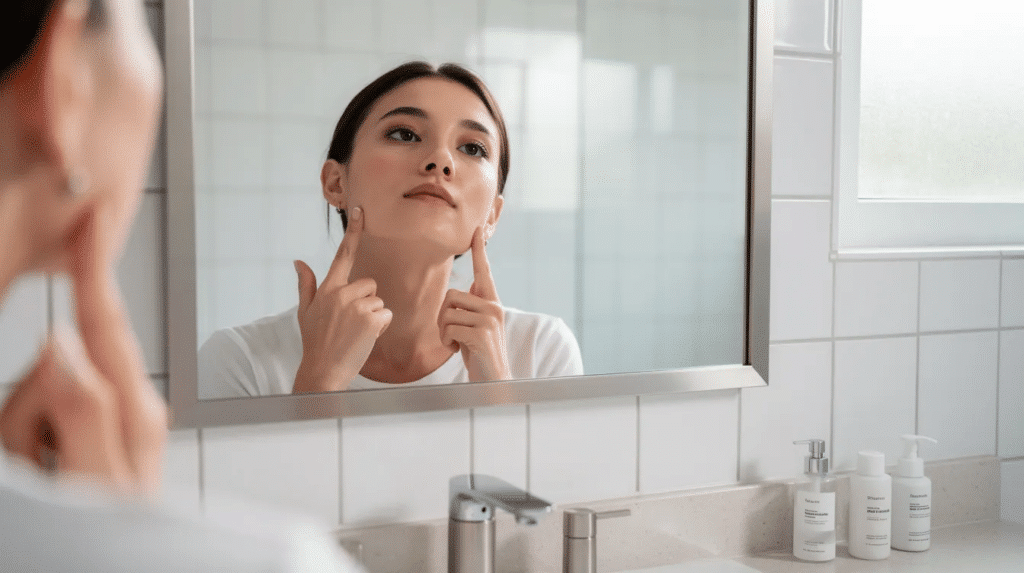 Woman looking at herself in the mirror