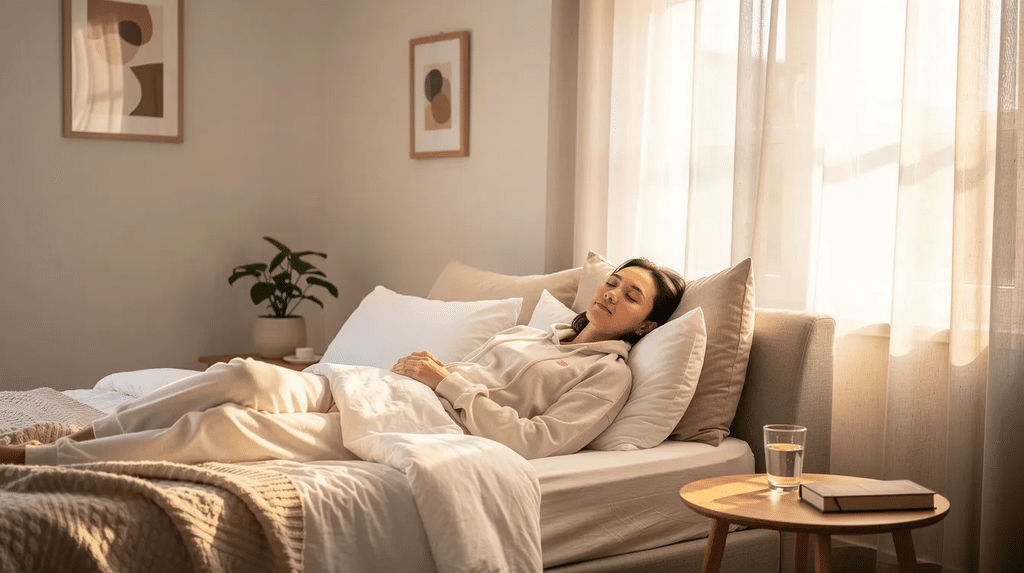 A woman laying in a bed during the day
